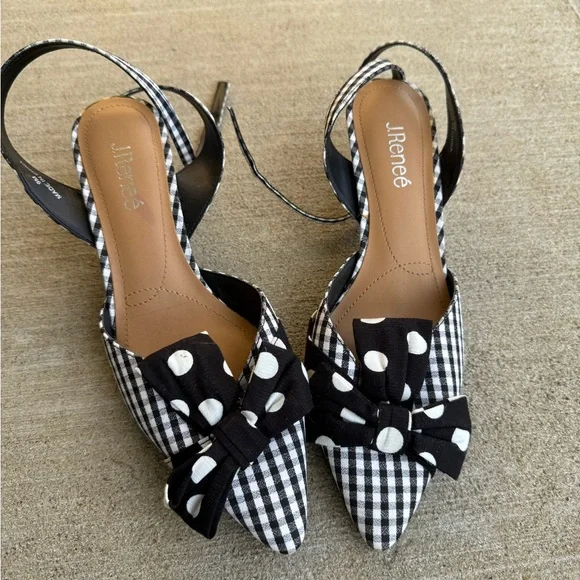 J.Renee Black and White Gingham Heels with Polka Dot Bow - Picture 3 of 5